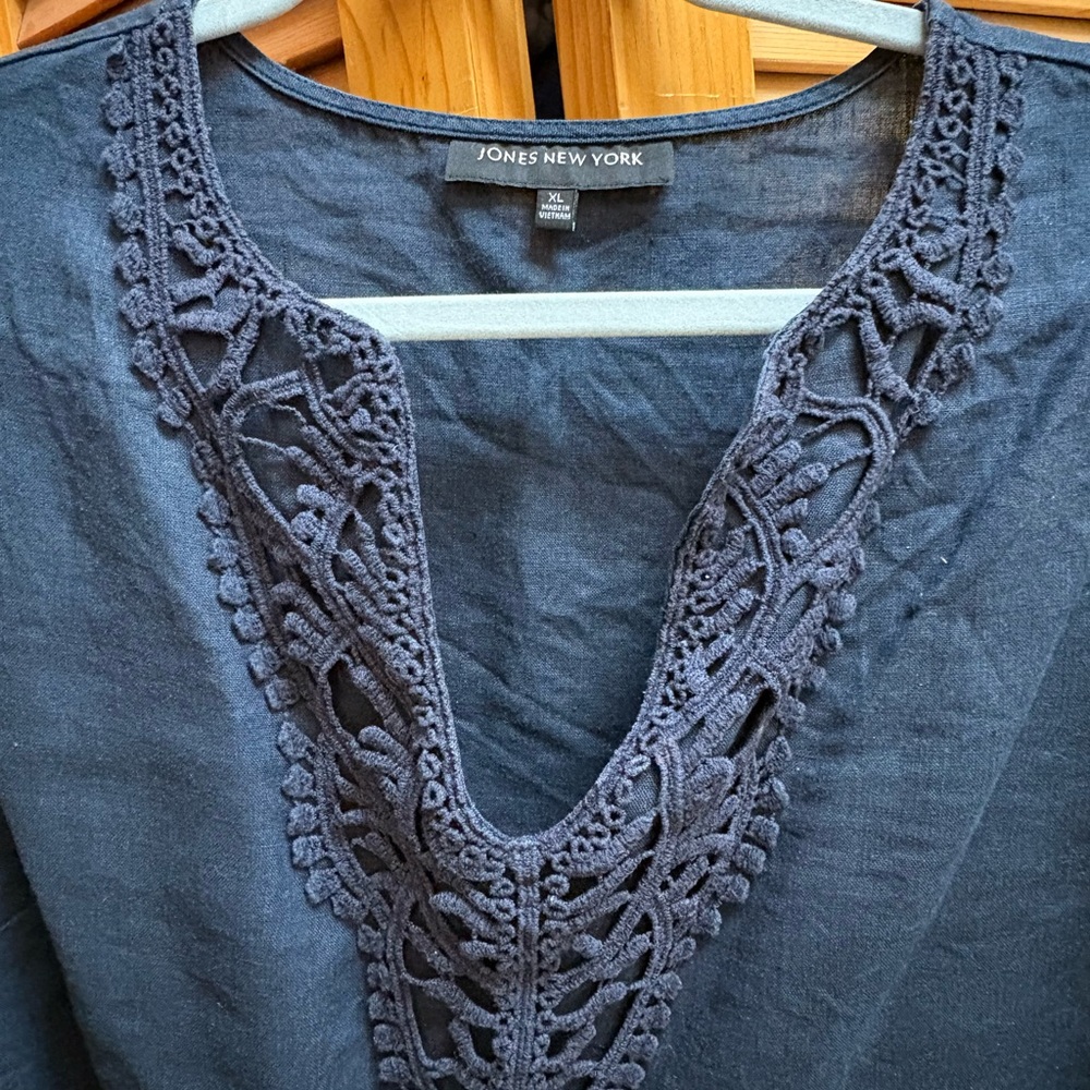 Jones New York Navy Crochet-Trim Peasant Top